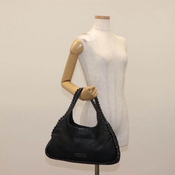 CHANEL Hobo Shoulder Bag Lamb Skin Black Silver CC Auth yk19676 - Picture 14 of 16